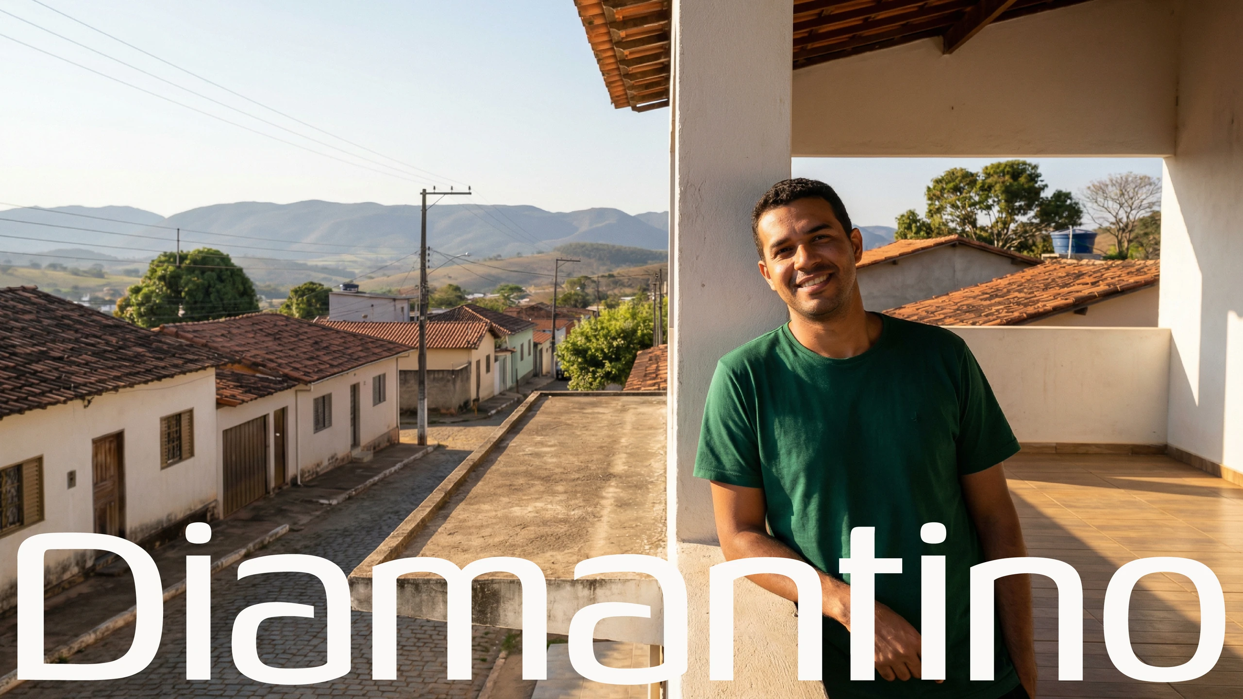 Homem sorrindo em uma varanda com vista para a cidade, com o nome Diamantino