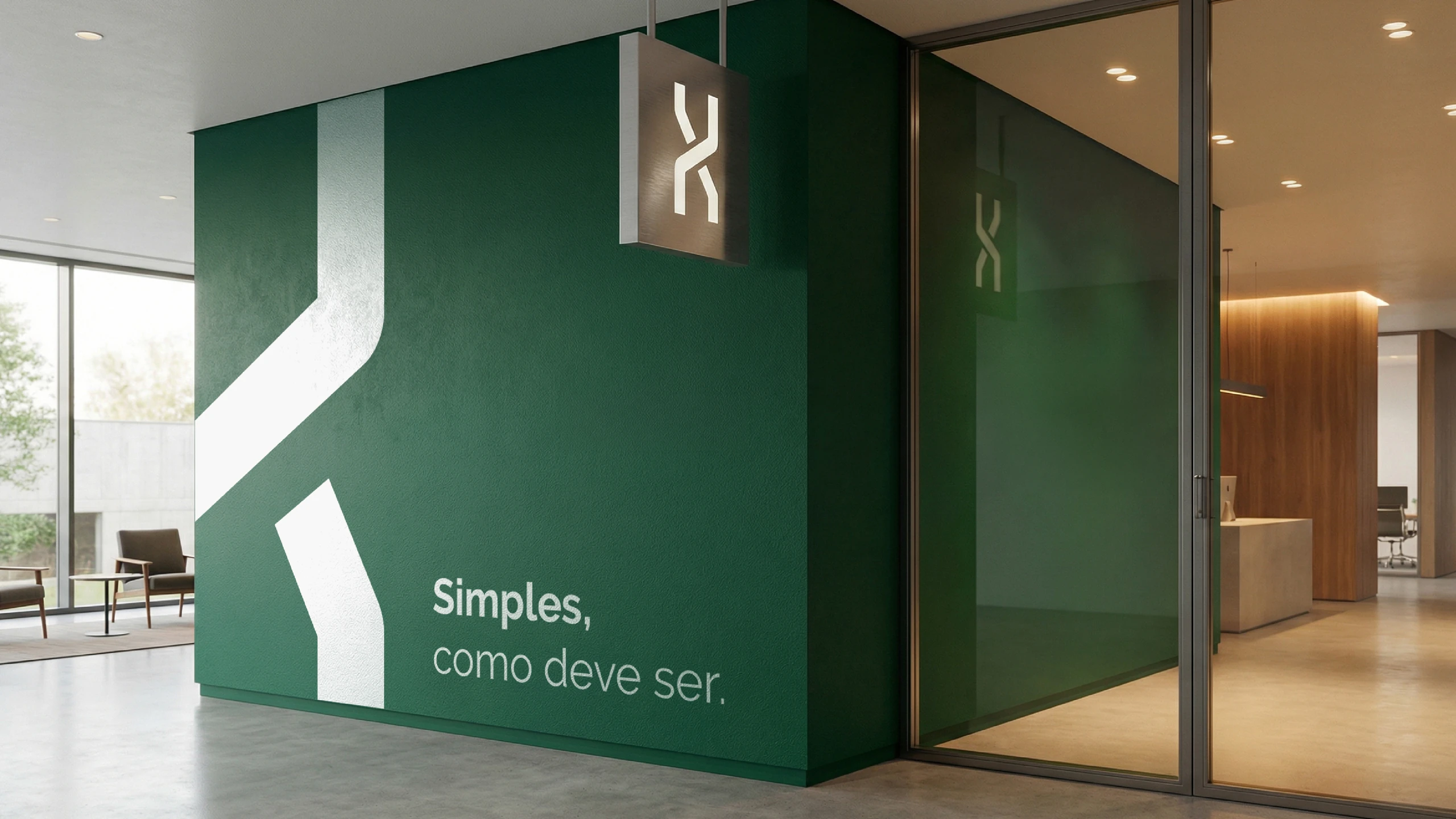 Ambiente interno com o símbolo e a frase “Simples, como deve ser.”