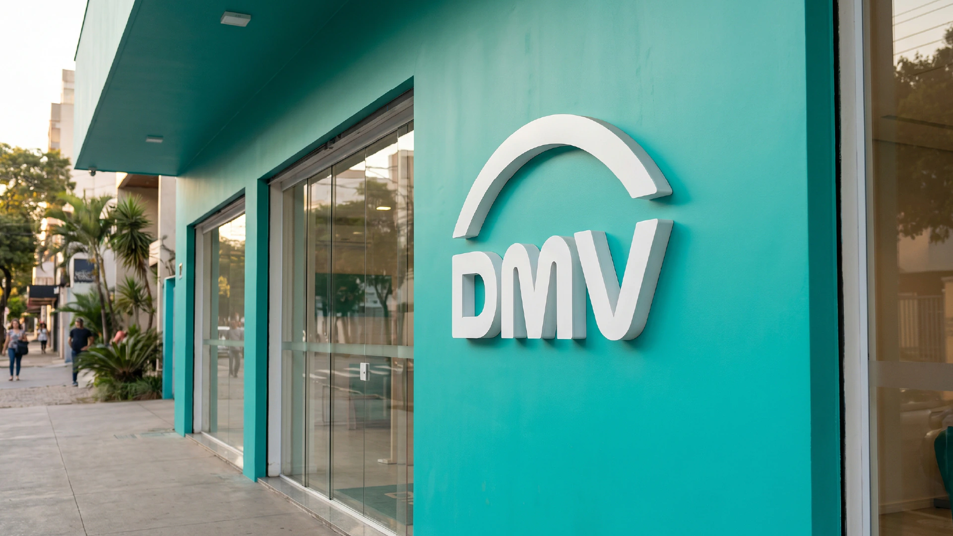 Fachada verde-azulada com o logotipo DMV em volume