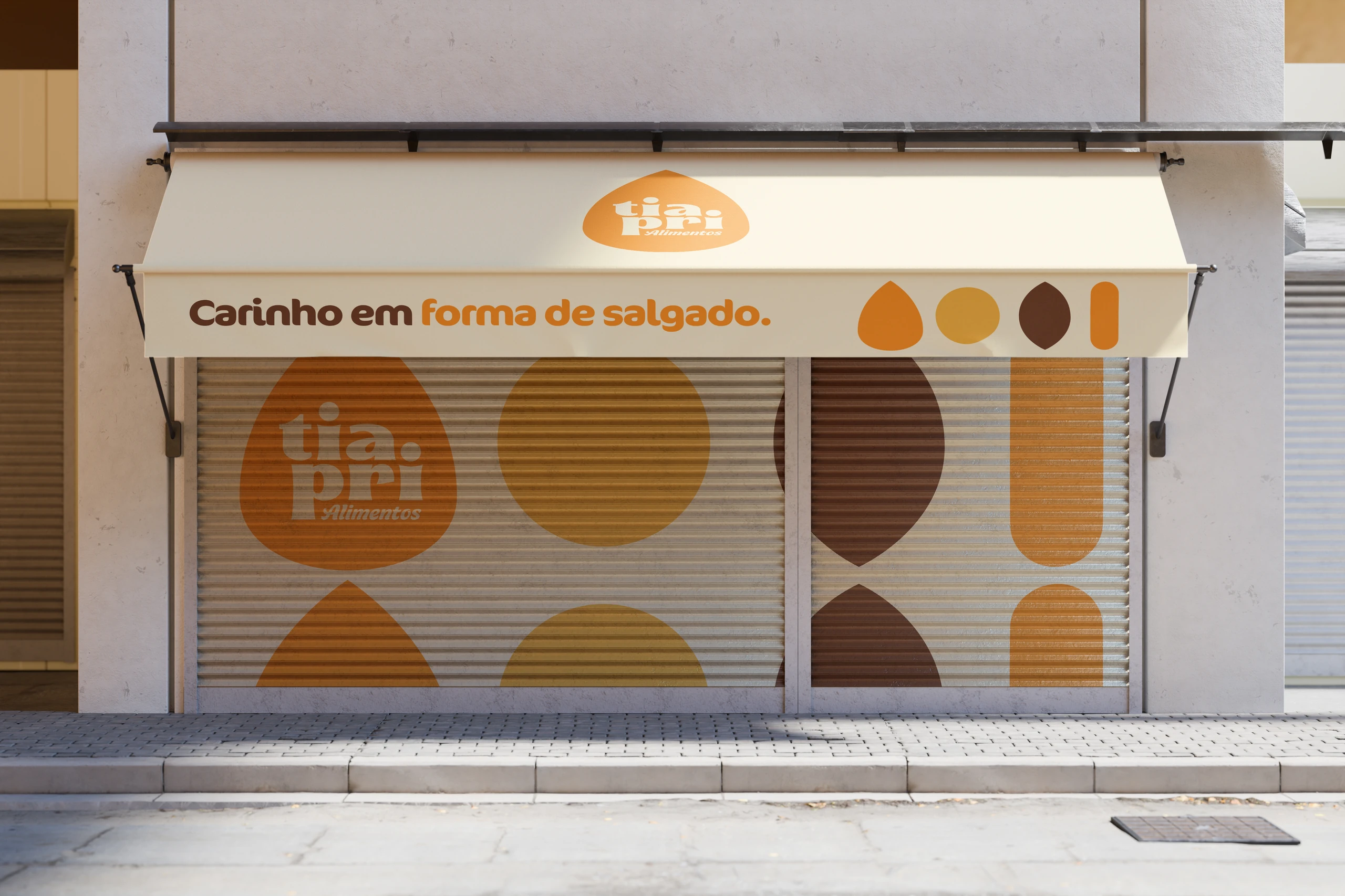 Fachada da lanchonete com toldo “Carinho em forma de salgado.”