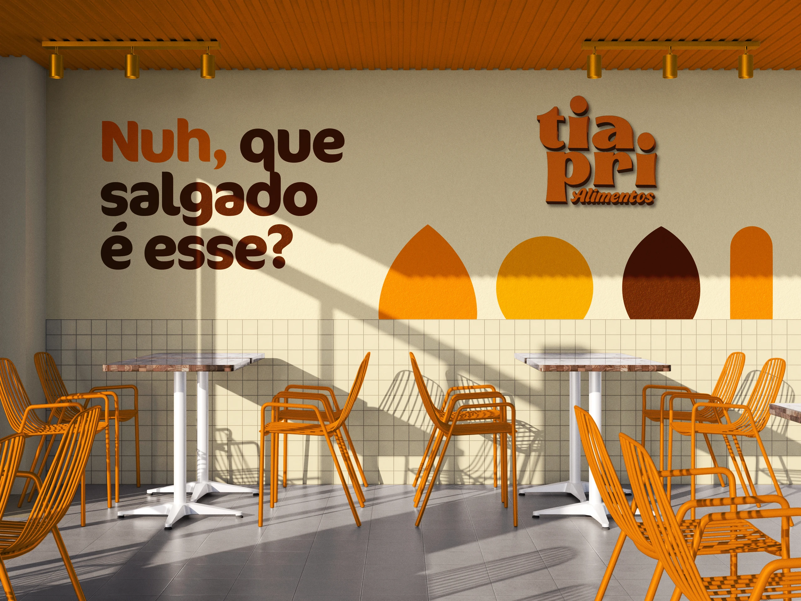 Área interna da loja com a parede “Nuh, que salgado é esse?”