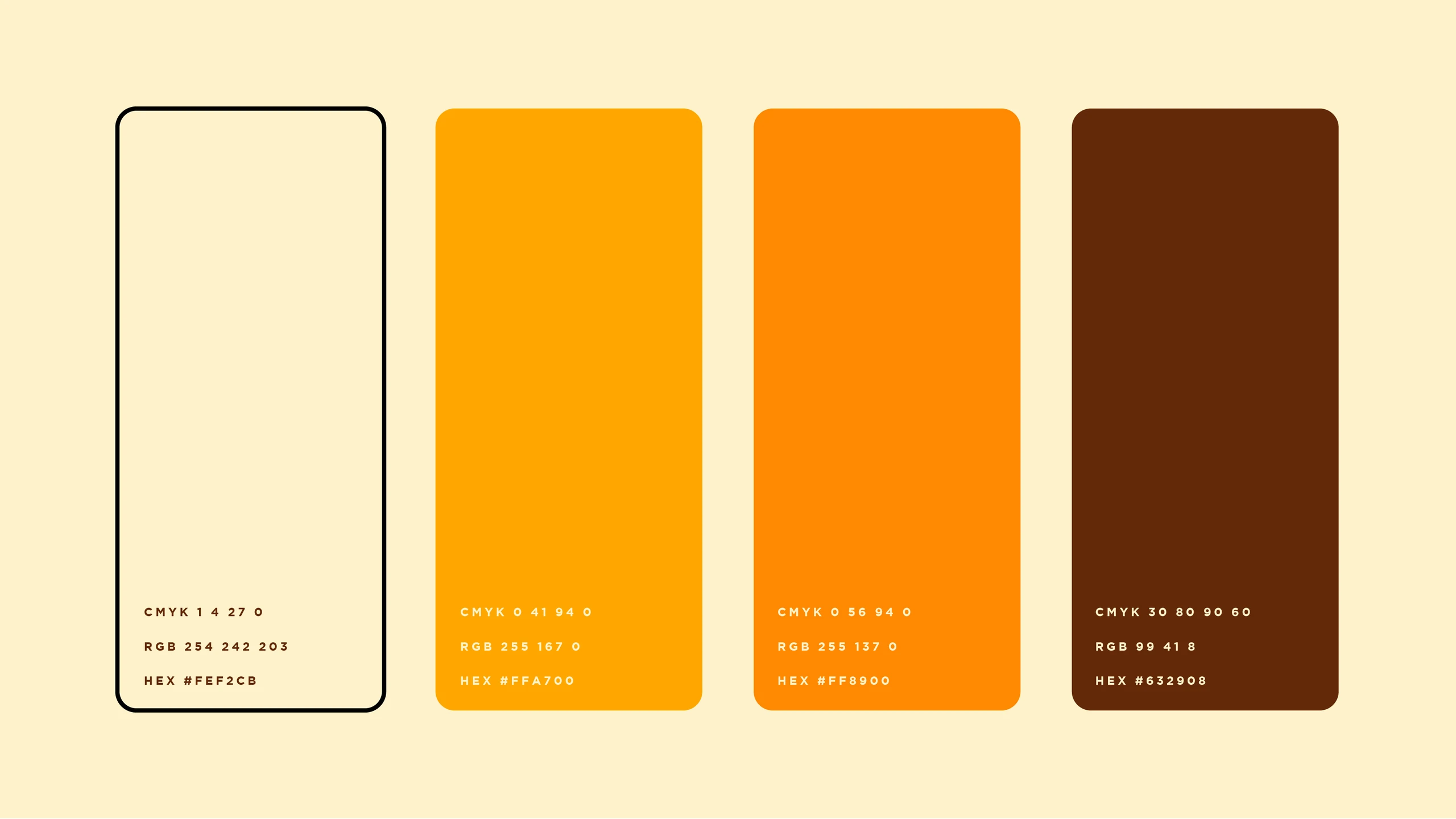 Paleta de cores: creme, amarelo-ouro, laranja e marrom
