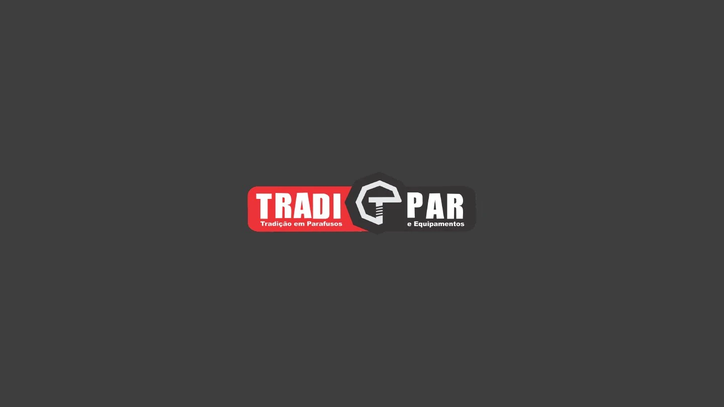Marca antiga da Tradipar, com um parafuso no meio do nome e a frase “Tradição em Parafusos e Equipamentos”