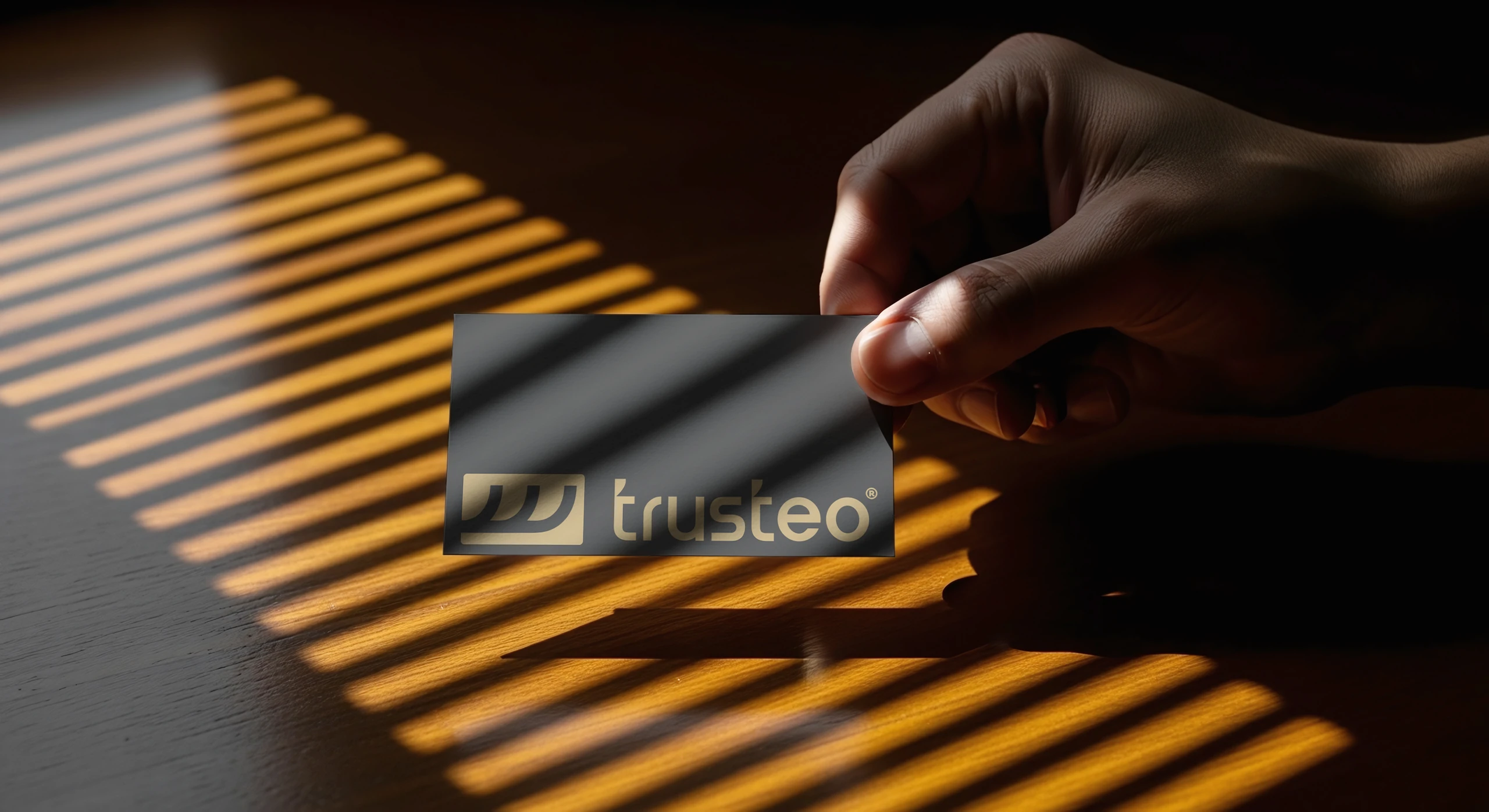Cartão de visita da Trusteo na mão, sob luz em listras