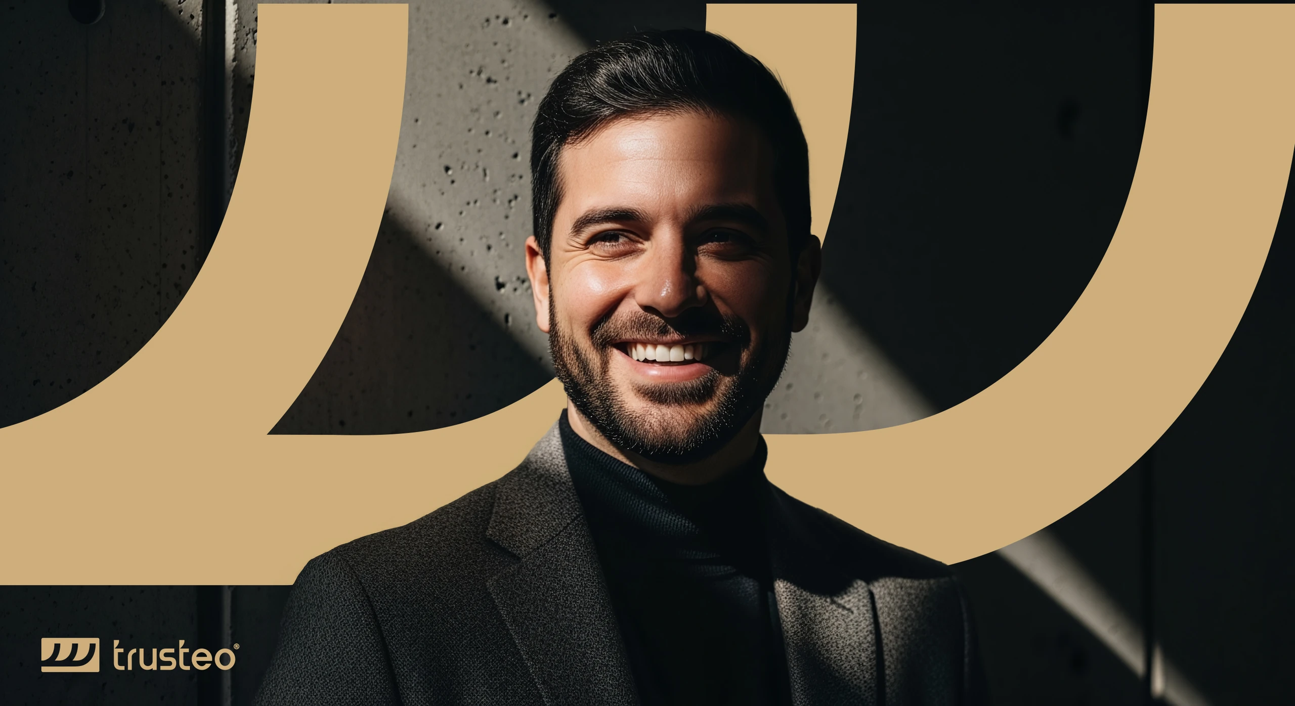 Peça com retrato e o grafismo da Trusteo