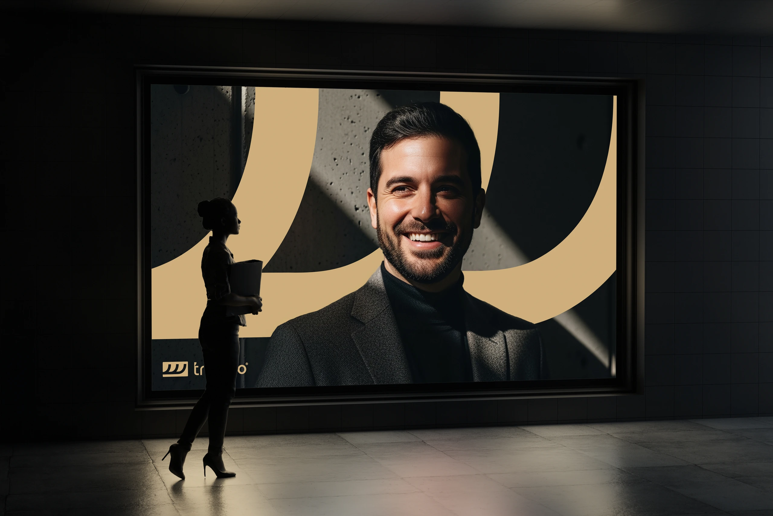 Painel com retrato e o grafismo da Trusteo