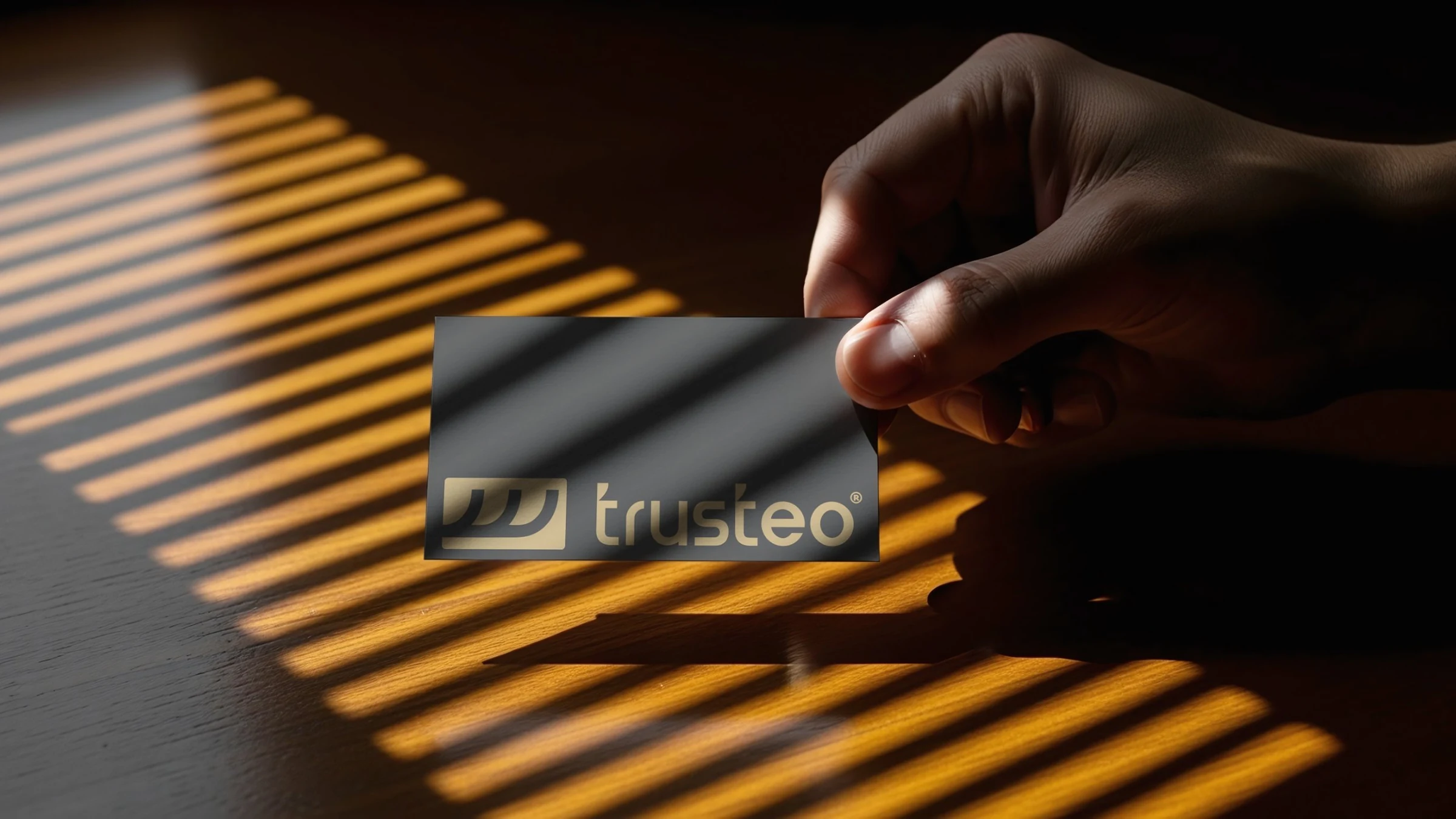 Cartão de visita da Trusteo na mão, sob luz em listras